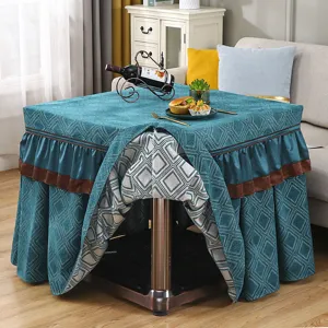 Luxury square table cover with geometric diamond pattern and elegant ruffled hem for living room.