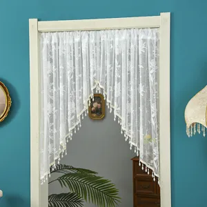 Detailed view of the Korean style white lace door curtain with floral patterns and beads.