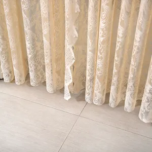 French luxury lace curtain detail, delicate floral pattern and pearl trim for bedroom decor.