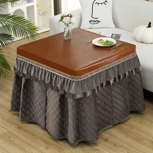 Thickened rectangular heating table cover featuring waterproof leather top and warm plush skirt.