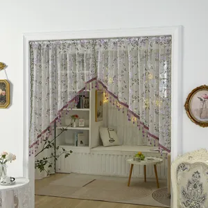 French vintage lace door curtain short partition embroidered floral sheer curtain with beads