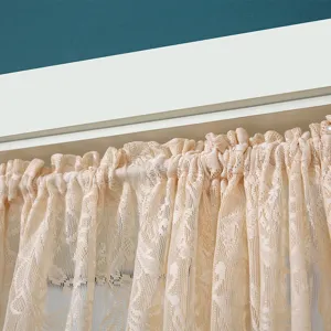 French luxury lace curtain detail, elegant sheer window drapery texture close up view.