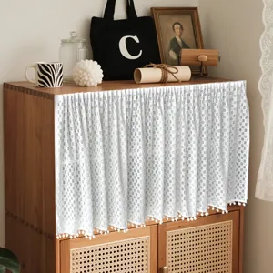 Rideau anti-poussière en dentelle blanche pour meuble, étagère et placard sans perçage.