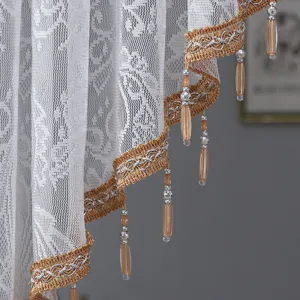 French pastoral white lace curtain detail, exquisite gold silver trim fringe pendant decor