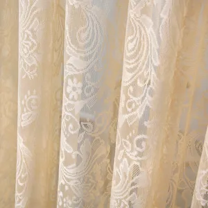 French luxury lace curtain detail close-up, beige sheer fabric floral pattern for home decor.