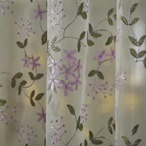 French style floral embroidered sheer curtain detail, elegant window door sheer fabric.