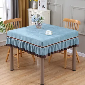 Square tablecloth mahjong table cover dustproof cover light luxury blue fabric detail view