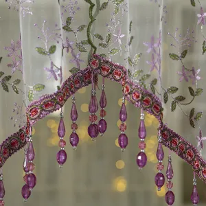 French retro embroidered short curtain with purple beads and lace mesh for home decor detail view