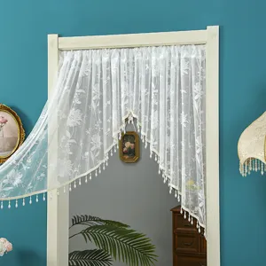 Korean style white lace short door curtain with floral patterns and tassels for home decor.