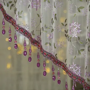 French vintage lace short curtain detail, exquisite purple beaded fringe and floral embroidery.