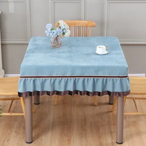 Blue square tablecloth cover with ruffle skirt for mahjong table coffee table home decor