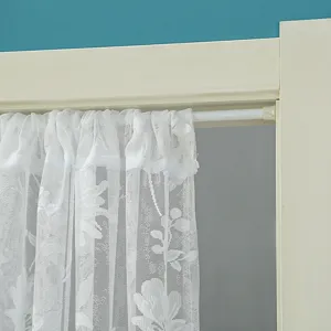 White lace short curtain detail view, floral patterned sheer door curtain for home decor
