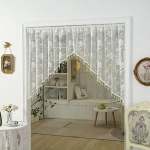 French vintage white lace door curtain with floral embroidery and bead fringe for room partition.