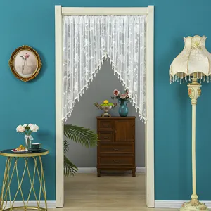 Korean style white lace half curtain with floral embroidery and elegant tassel trim.