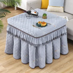 Thickened plush heating table cover detail, square winter thermal tablecloth with ruffles.