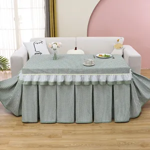 Green and white checkered thermal table cover, soft flannel square coffee table cloth skirt.