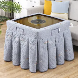 Thickened quilted square table cover for heating table or mahjong in grey