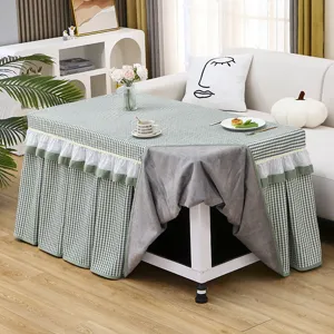 Green plaid heating table cover with fleece lining and ruffles for square table or mahjong machine.