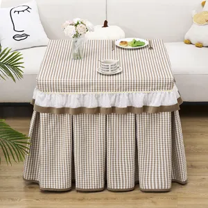 Checkered table cover with ruffles, warm heating table dust cover for square tables and coffee.