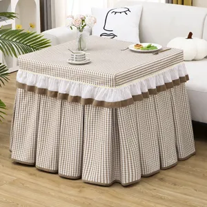 Square checkered table cover with white ruffle skirt for heating table or mahjong table.