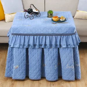 Thickened quilted square table cover with skirt for heating table or mahjong machine decor.