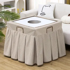 Detailed view of the square checkered table cover designed for mahjong and heating tables.