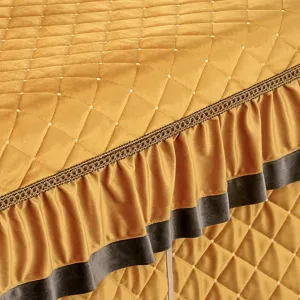 Detail shot of thickened quilted heating table cover with elegant lace trim and soft velvet.