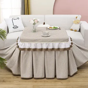 Plaid heater table cover with white lace ruffle, cozy square tablecloth for living room.