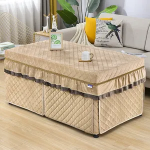 Quilted winter heating table cover, thick rectangular coffee table skirt with ruffles.