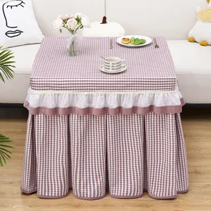 Square table cover checkered cloth heating table protector with ruffled lace daisy decor