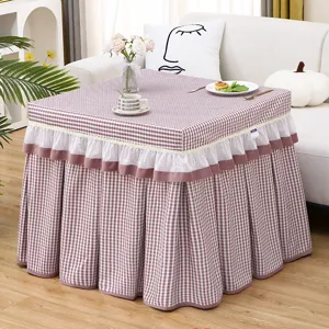 Square flannel table cover with ruffled skirt, pink plaid heating table and mahjong cloth.
