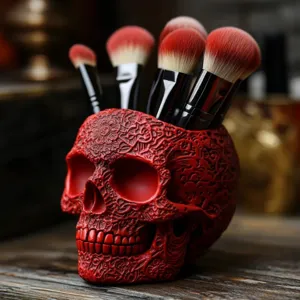 Primer plano detallado de un portaescobillas de maquillaje con forma de calavera roja
