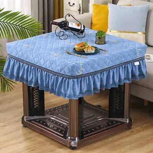 Square quilted electric heater table cover thickened warm tablecloth with ruffle design for winter home.
