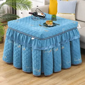 Winter thickened flannel square heating table cover with pleated skirt and embroidered details.