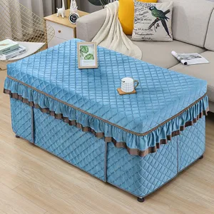 Blue quilted rectangular heating table cover winter thickened thermal table cloth ruffles