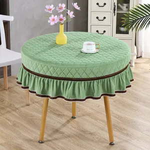 Groene gewatteerde ronde tafelhoes met bruine volantrand, verdikte verwarmingstafelbeschermer.