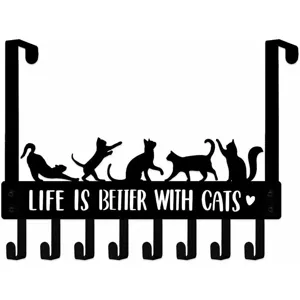 Black iron over-the-door cat hanger featuring five cat silhouettes and heart text