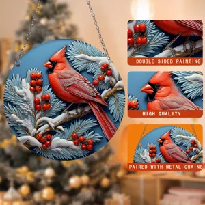 Detailansichten des 3D-Acryl-Kardinalvogel-Ornaments mit verschneiten Kiefernzweigen