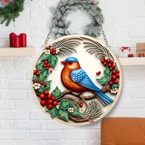 3D Acryl Vogel Hängedeko mit Stechpalme und Beeren für Weihnachts Wanddekoration