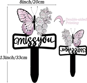Schwarzer Schmetterling Gartenstab Gedenktafel 'miss you', 33x20 cm, doppelseitig.