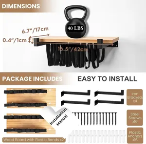 Detailansicht des 2-in-1 Schweberegals aus Holz mit Maßen und vollständigem Packungsinhalt