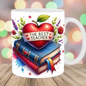 Die beste Lehrer Keramiktasse mit herzförmigem Apfel- und Bücherstapel-Motiv Design