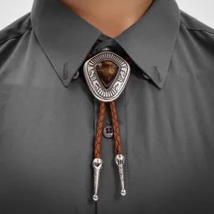 Vintage Western Cowboy Leder Bolo Tie mit silbernem Metall und Tigerauge Stein Anhänger