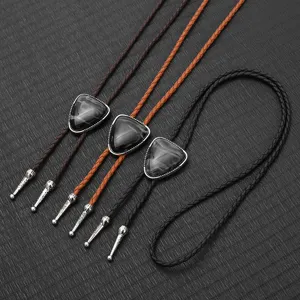 Vintage Bolo tie set featuring PU braided leather cord and marble texture pendant