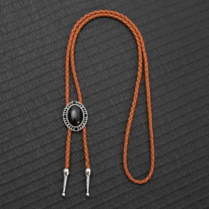 Vintage-Bolo-Tie mit schwarzem Edelstein, geflochtener Lederkordel und Metallspitzen