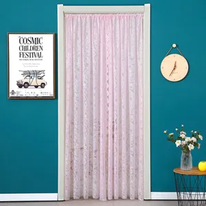 Pink lace door curtain detail, sheer mesh partition hanging curtain for bedroom decor.