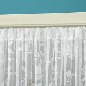 Detailed close-up of white lace sheer curtain with delicate floral pattern for home decor