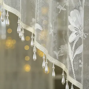 French vintage lace short door curtain with exquisite floral embroidery and pearl fringe.