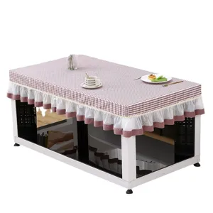 Housse de table chauffante à carreaux rose nappe de salon avec dentelle volants