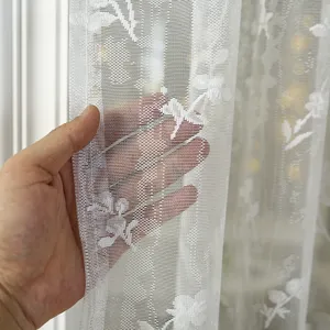 Close-up of white French lace curtain fabric, showing delicate floral embroidery and sheer texture.